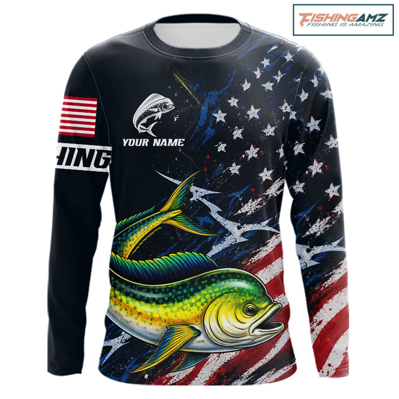 Mahi Mahi Fishing Shirt Long Sleeve USA Flag Custom Name Jersey