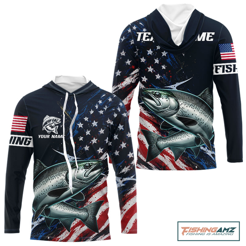 Chinook Salmon Long Sleeve Hooded Fishing Shirt USA Flag Camo, Custom