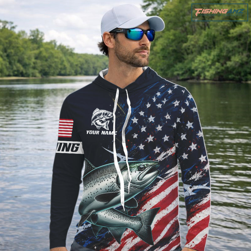 Chinook Salmon Long Sleeve Hooded Fishing Shirt USA Flag Camo, Custom