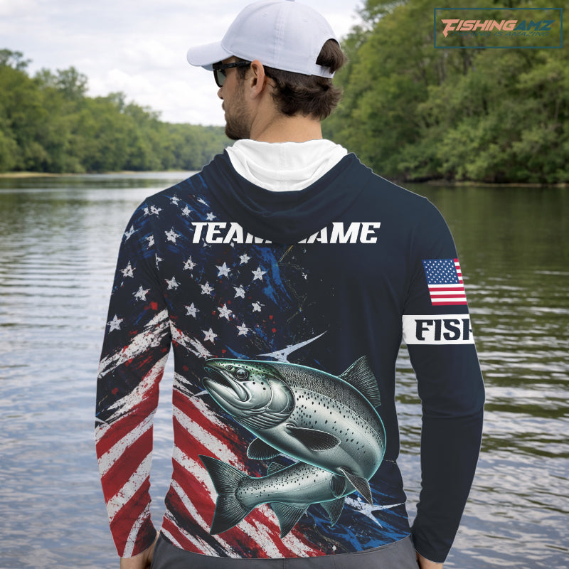Chinook Salmon Long Sleeve Hooded Fishing Shirt USA Flag Camo, Custom