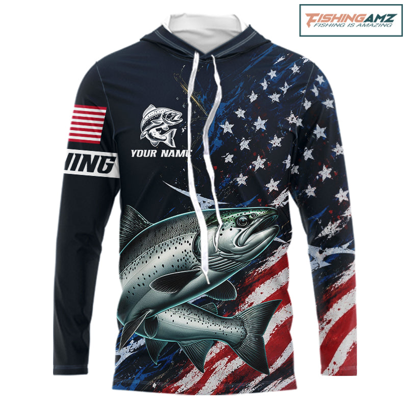 Chinook Salmon Long Sleeve Hooded Fishing Shirt USA Flag Camo, Custom
