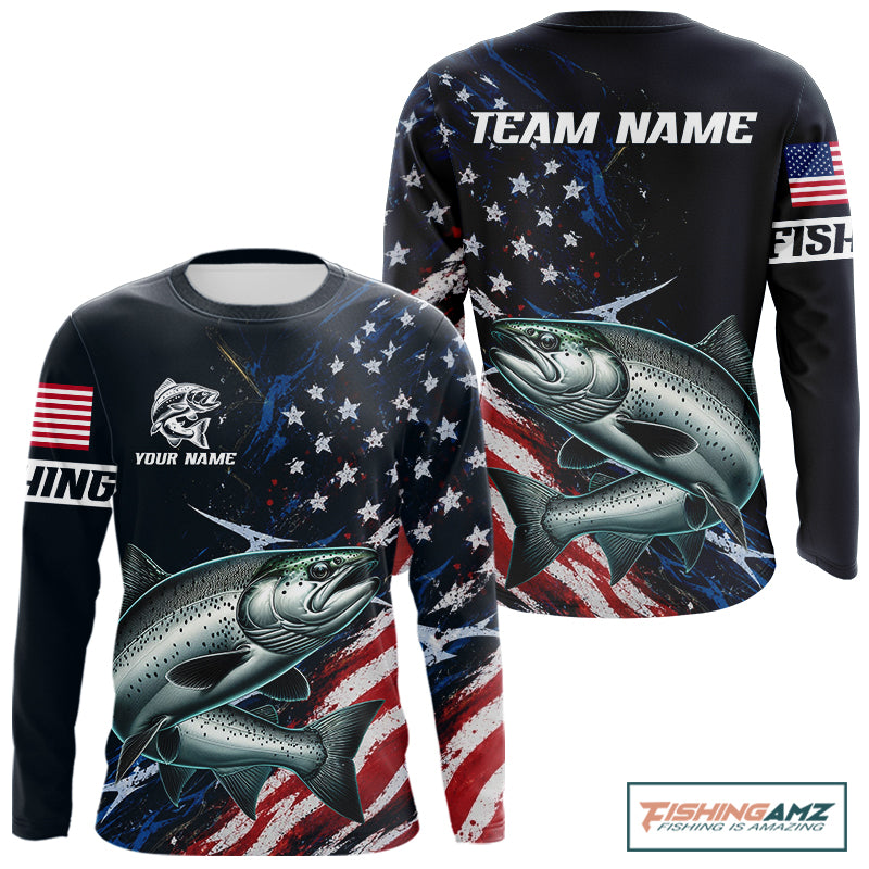 Chinook Salmon Long Sleeve Fishing Shirt USA Flag Camo, Custom