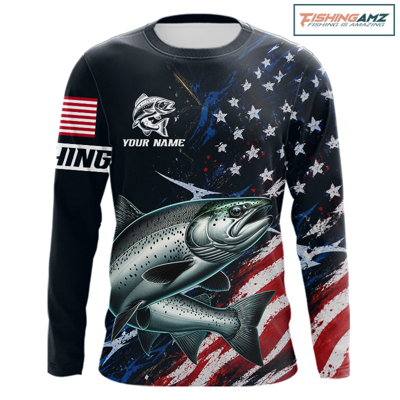 Chinook Salmon Long Sleeve Fishing Shirt USA Flag Camo, Custom