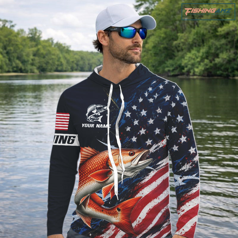 Redfish Fishing Shirt Long Sleeve Hooded USA Flag Camo, Custom Name