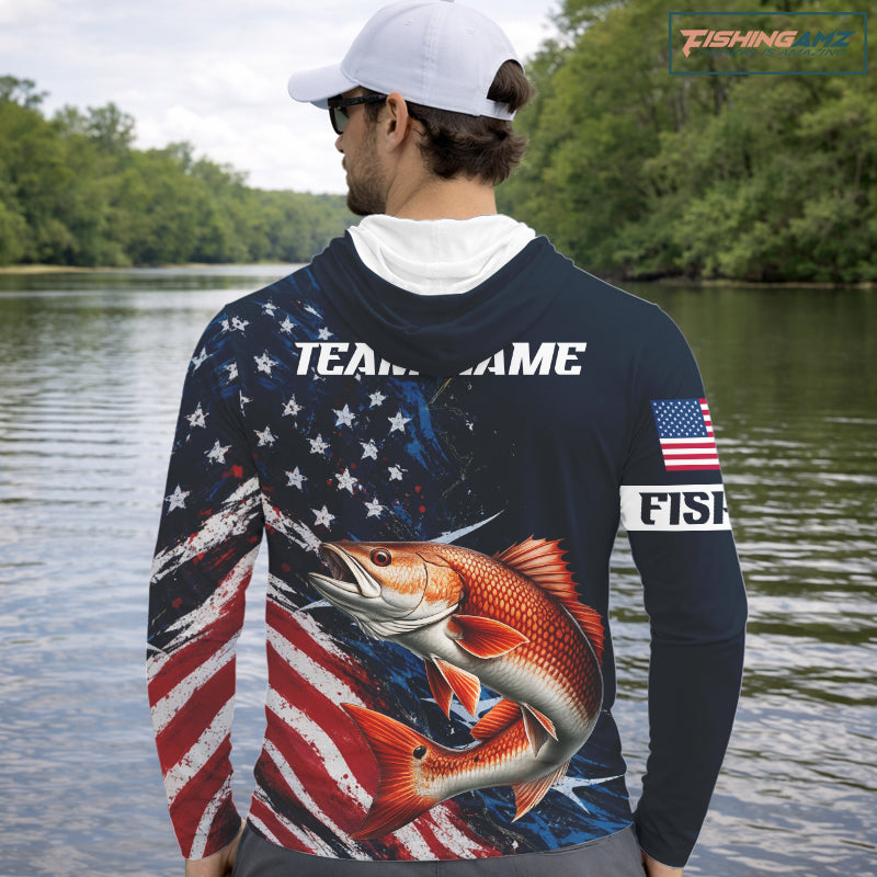 Redfish Fishing Shirt Long Sleeve Hooded USA Flag Camo, Custom Name