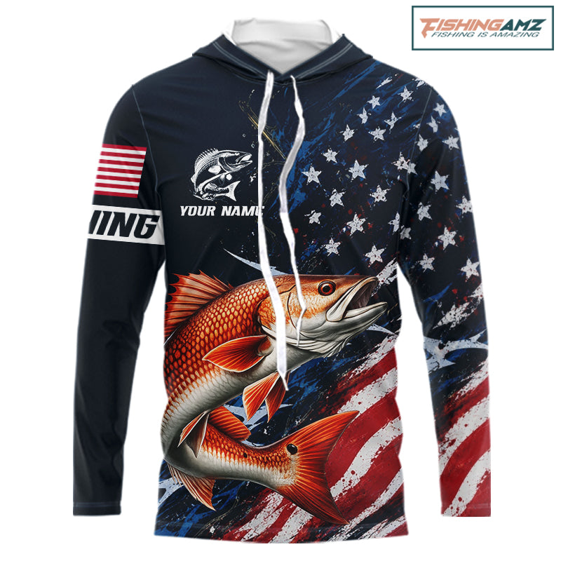 Redfish Fishing Shirt Long Sleeve Hooded USA Flag Camo, Custom Name