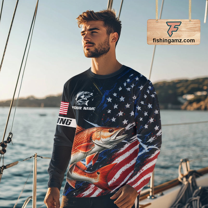 Redfish Fishing Shirt Long Sleeve USA Flag Camo, Custom Name