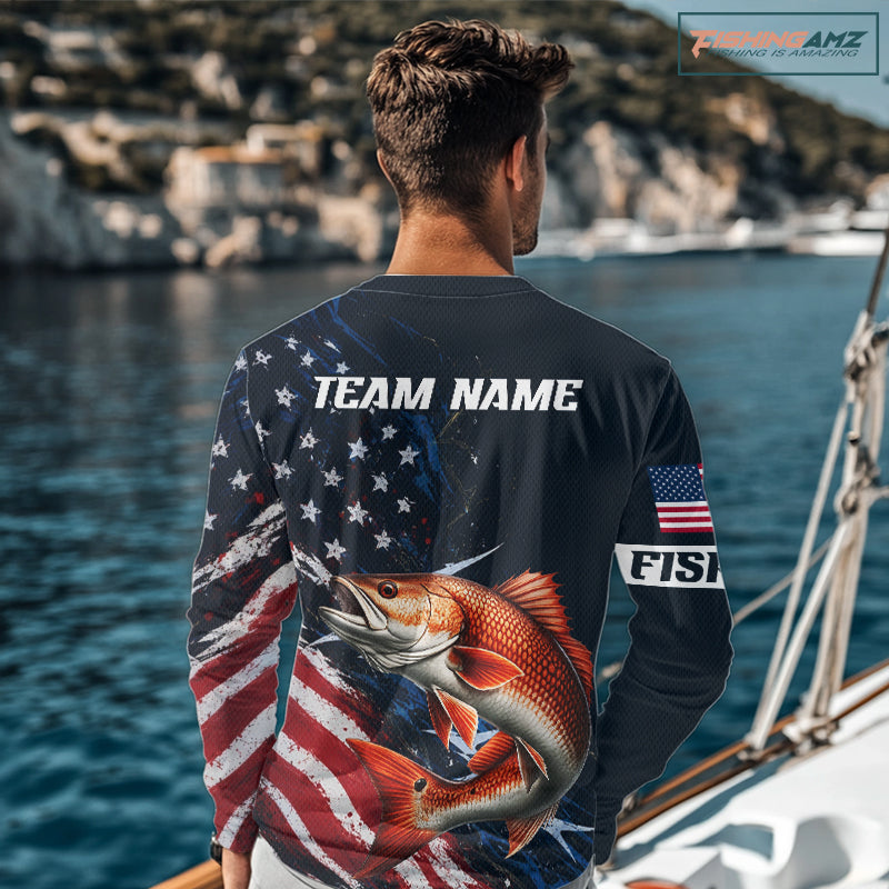 Redfish Fishing Shirt Long Sleeve USA Flag Camo, Custom Name
