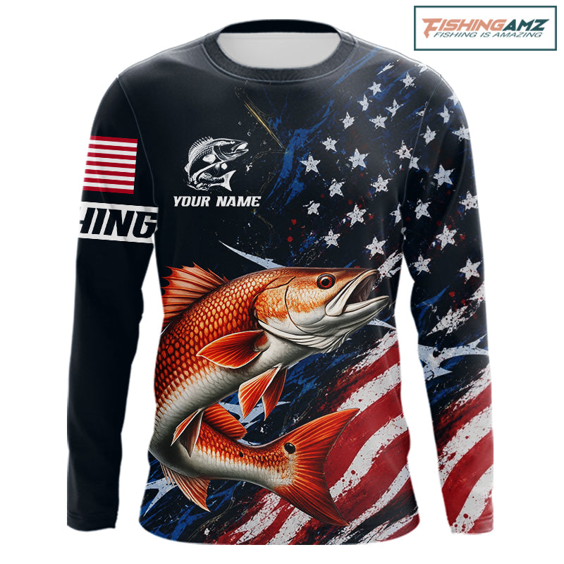 Redfish Fishing Shirt Long Sleeve USA Flag Camo, Custom Name