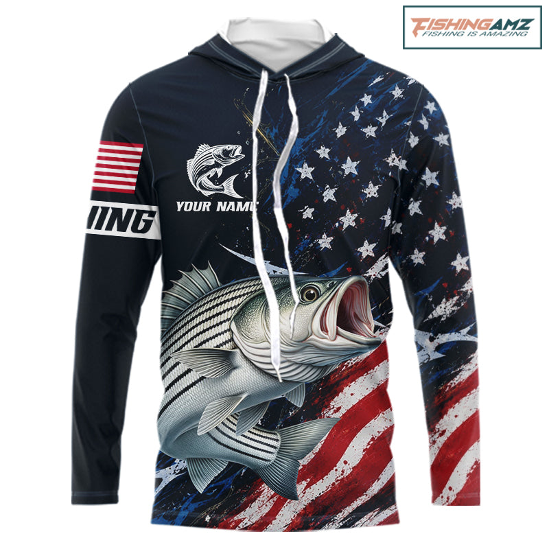 Striped Bass Fishing Shirt Long Sleeve Hooded USA Flag Camo, custom name