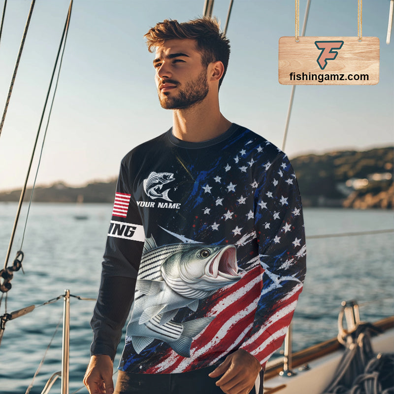 Striped Bass Fishing Shirt Long Sleeve USA Flag Camo, custom name