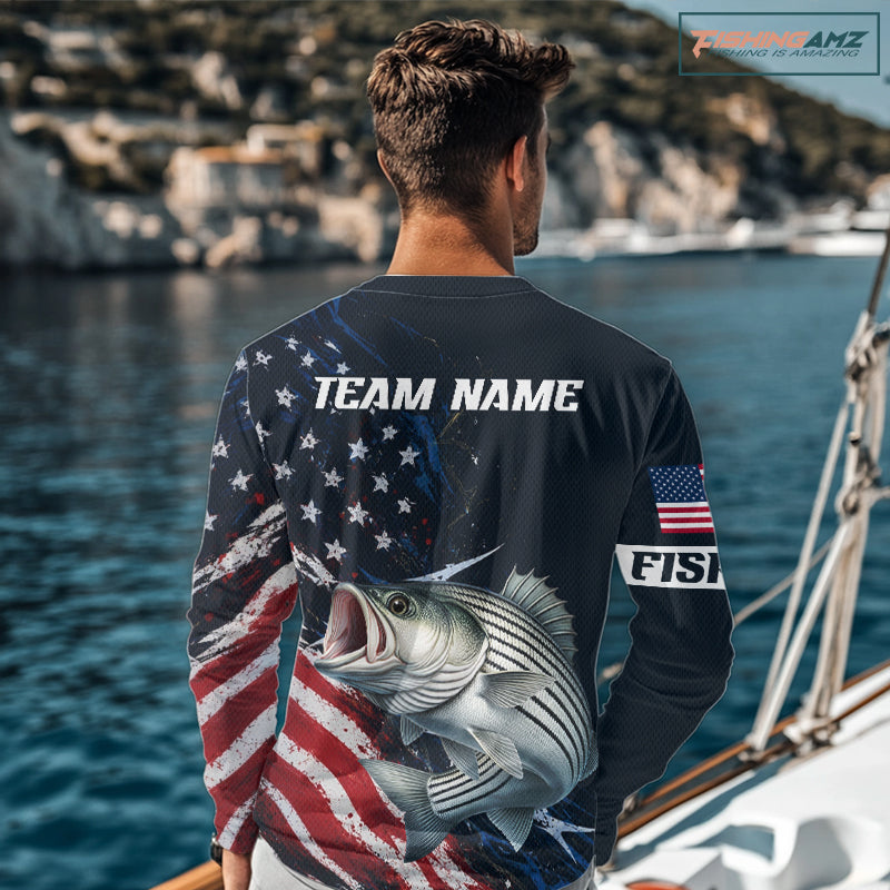 Striped Bass Fishing Shirt Long Sleeve USA Flag Camo, custom name