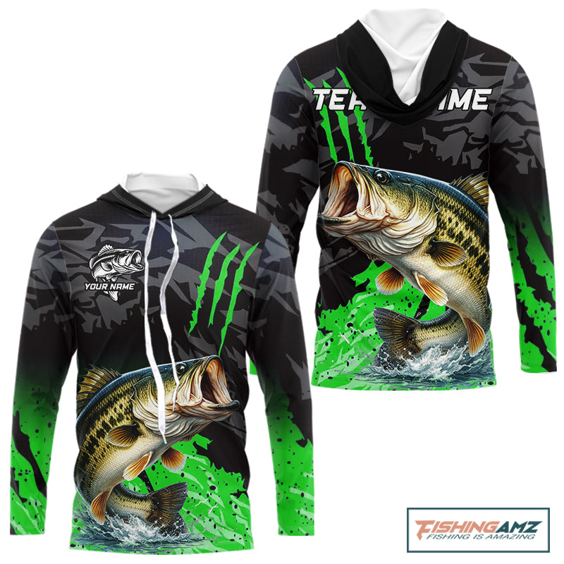Hooded Largemouth Bass Fishing Jerseys For Men, Custom Bass Performance Fishing Apparel|Green NHT1418