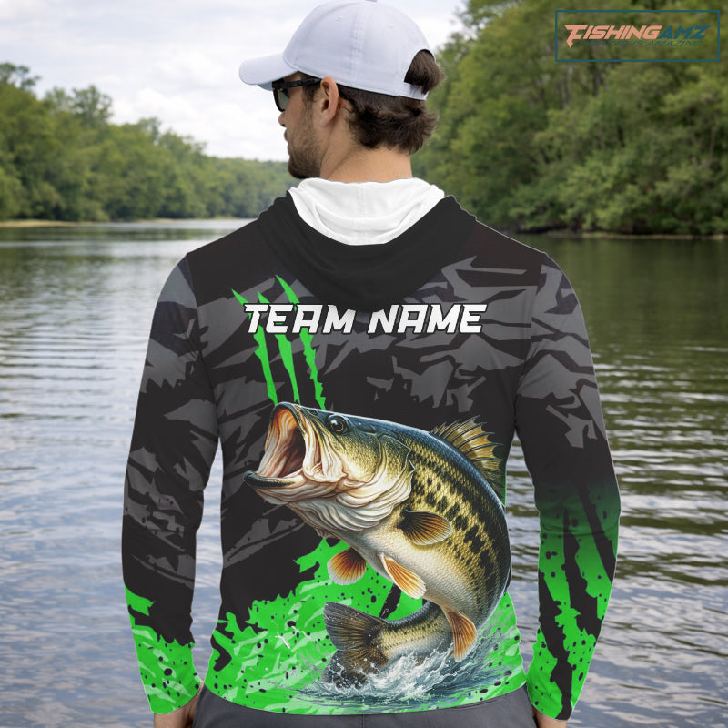 Hooded Largemouth Bass Fishing Jerseys For Men, Custom Bass Performance Fishing Apparel|Green NHT1418