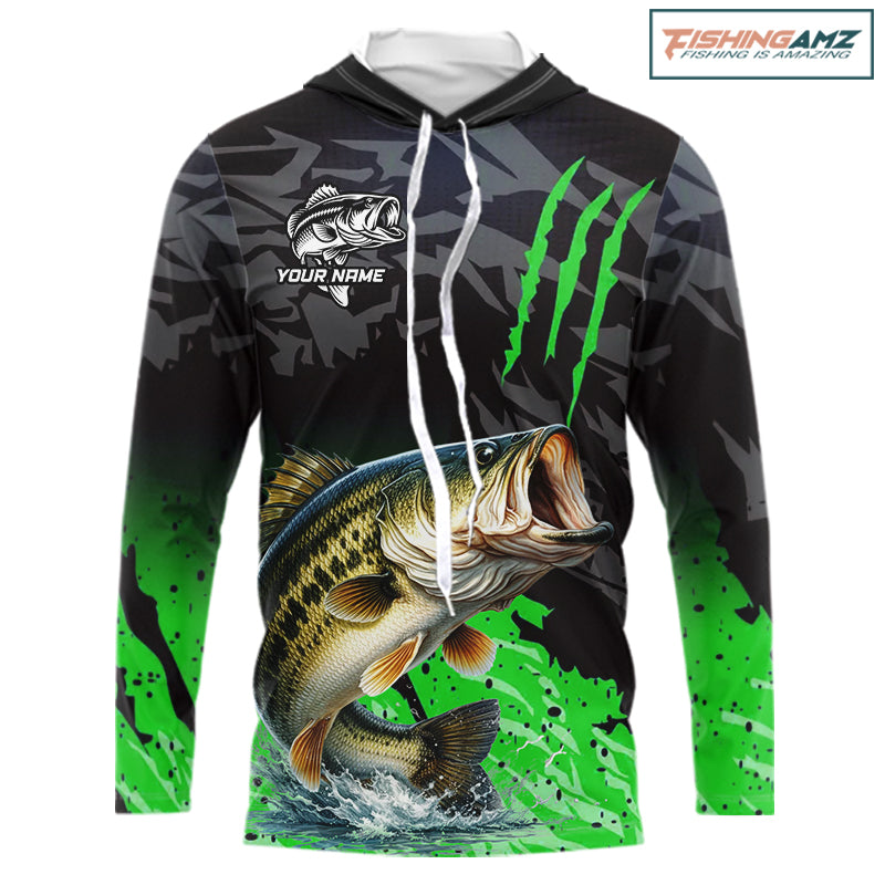 Hooded Largemouth Bass Fishing Jerseys For Men, Custom Bass Performance Fishing Apparel|Green NHT1418
