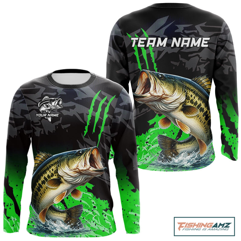Largemouth Bass Fishing Jerseys For Men, Custom Bass Performance Fishing Apparel|Green NHT1418