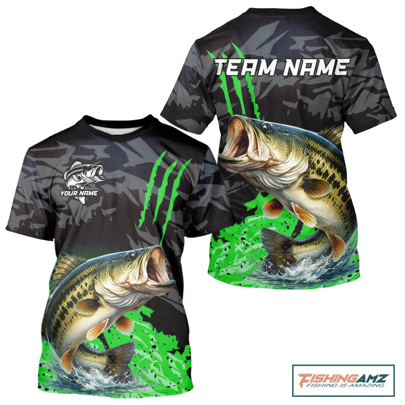 T-Shirt Bass Fishing Jerseys For Men, Custom Bass Performance Fishing Apparel|Green NHT1418