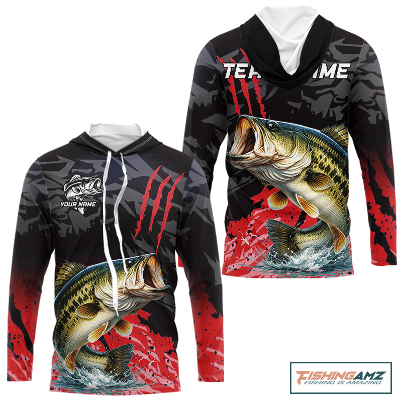 Hooded Largemouth Bass Fishing Jerseys For Men, Custom Bass Performance Fishing Apparel|Red NHT1419