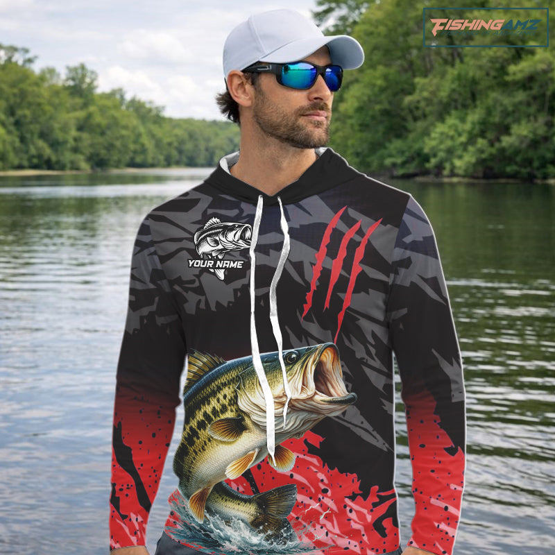 Hooded Largemouth Bass Fishing Jerseys For Men, Custom Bass Performance Fishing Apparel|Red NHT1419