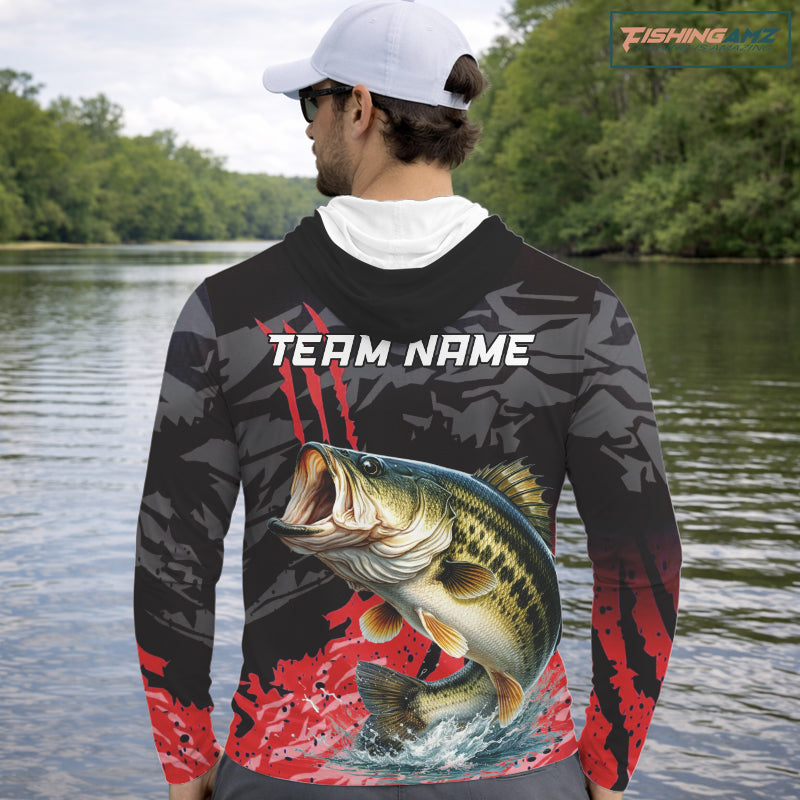 Hooded Largemouth Bass Fishing Jerseys For Men, Custom Bass Performance Fishing Apparel|Red NHT1419