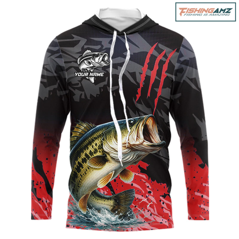 Hooded Largemouth Bass Fishing Jerseys For Men, Custom Bass Performance Fishing Apparel|Red NHT1419