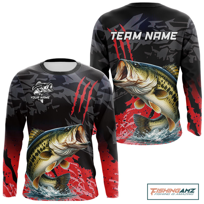 Largemouth Bass Fishing Jerseys For Men, Custom Bass Performance Fishing Apparel|Red NHT1419