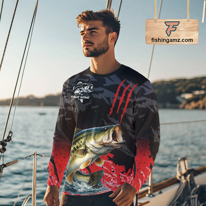Largemouth Bass Fishing Jerseys For Men, Custom Bass Performance Fishing Apparel|Red NHT1419