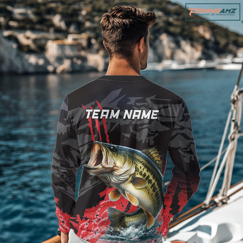 Largemouth Bass Fishing Jerseys For Men, Custom Bass Performance Fishing Apparel|Red NHT1419
