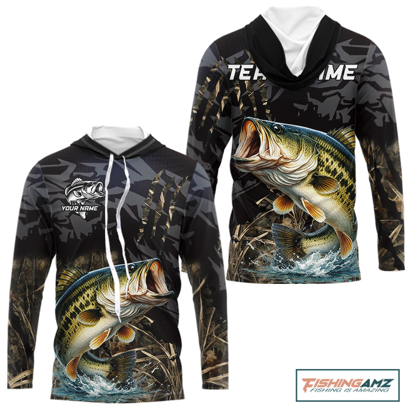 Hooded Largemouth Bass Fishing Jerseys For Men, Custom Bass Performance Fishing Apparel|Camo NHT1420