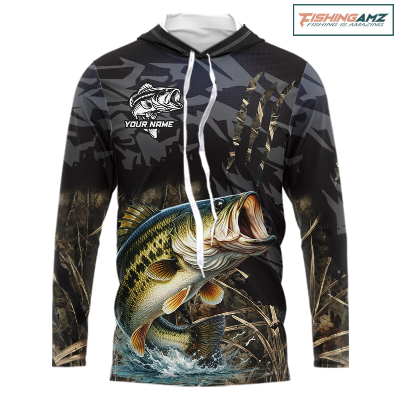 Hooded Largemouth Bass Fishing Jerseys For Men, Custom Bass Performance Fishing Apparel|Camo NHT1420