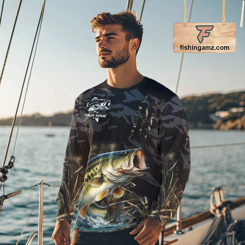 Largemouth Bass Fishing Jerseys For Men, Custom Bass Performance Fishing Apparel|Camo NHT1420