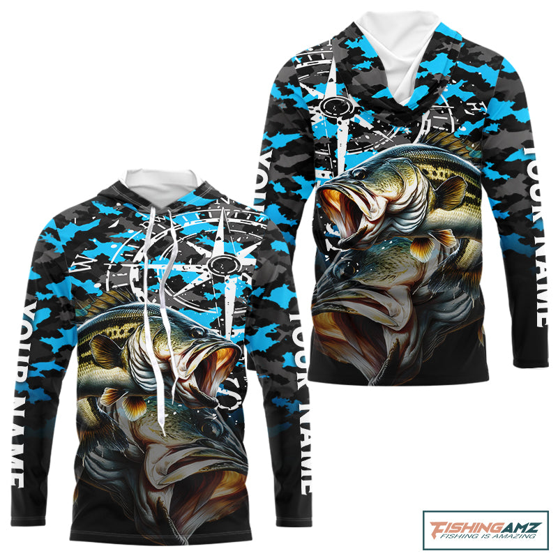 Largemouth Bass Hooded Fishing Shirt For Men, Blue Camo Compass Long Sleeve Fishing Jersey NHT1762