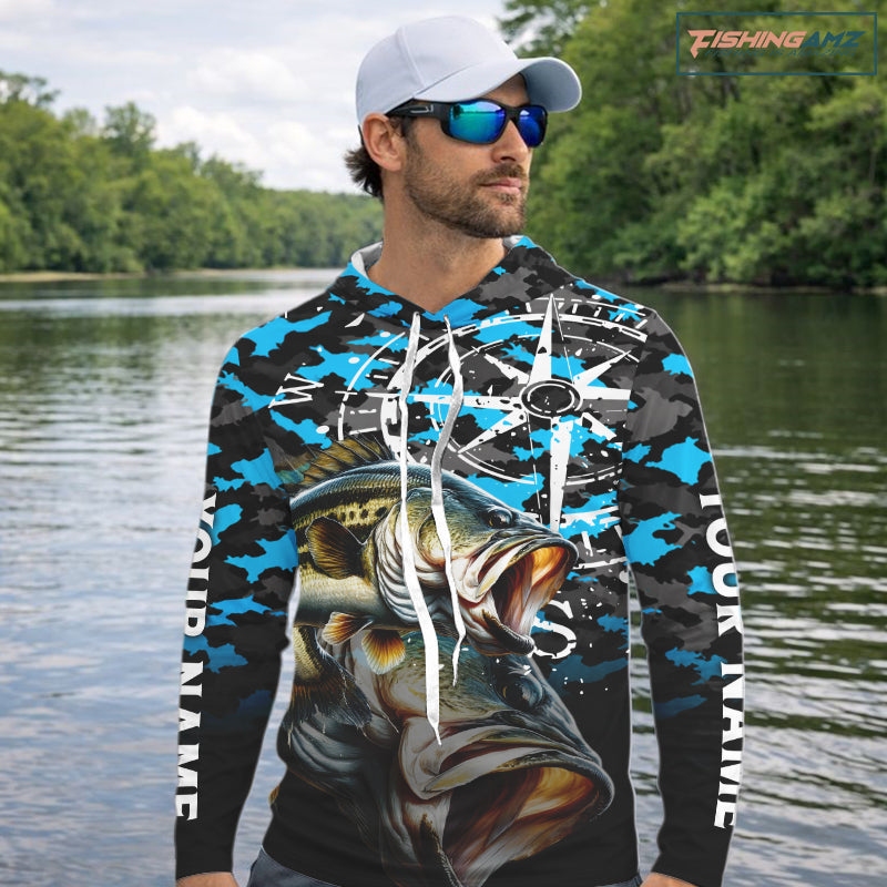 Largemouth Bass Hooded Fishing Shirt For Men, Blue Camo Compass Long Sleeve Fishing Jersey NHT1762