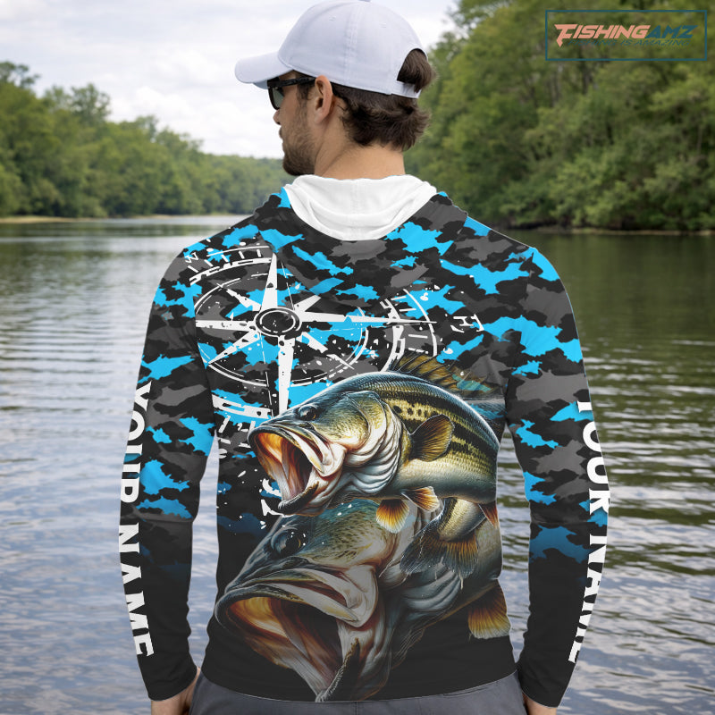 Largemouth Bass Hooded Fishing Shirt For Men, Blue Camo Compass Long Sleeve Fishing Jersey NHT1762