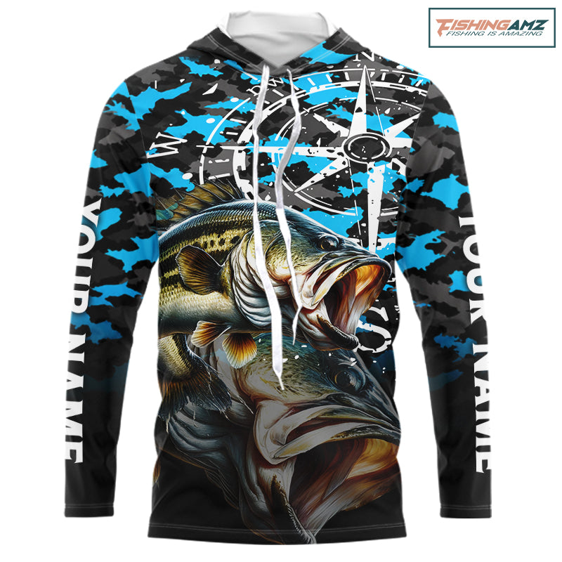Largemouth Bass Hooded Fishing Shirt For Men, Blue Camo Compass Long Sleeve Fishing Jersey NHT1762