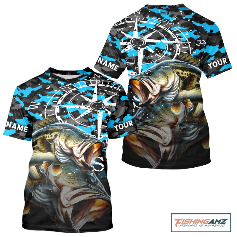 Largemouth Bass Fishing Shirt For Men, Blue Camo Compass Short Sleeve Fishing Jersey NHT1762