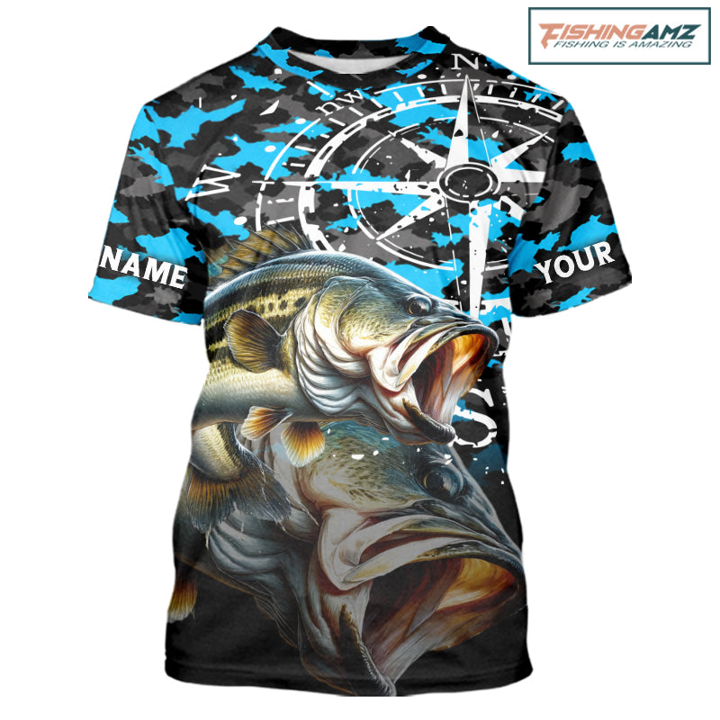 Largemouth Bass Fishing Shirt For Men, Blue Camo Compass Short Sleeve Fishing Jersey NHT1762