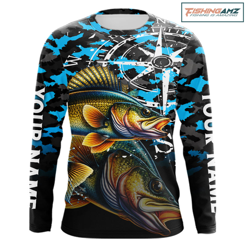 Walleye Fishing Shirt For Men, Blue Camo Compass Long Sleeve Fishing Jersey NHT1763