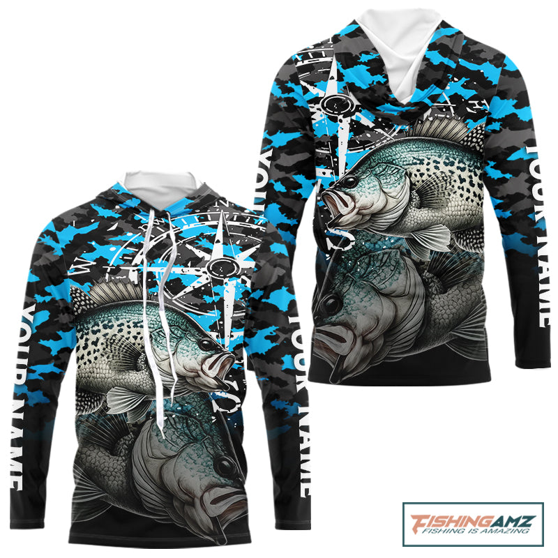 Crappie Hooded Fishing Shirt For Men, Blue Camo Compass Long Sleeve Fishing Jersey NHT1764