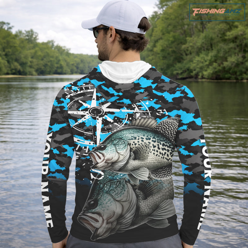 Crappie Hooded Fishing Shirt For Men, Blue Camo Compass Long Sleeve Fishing Jersey NHT1764
