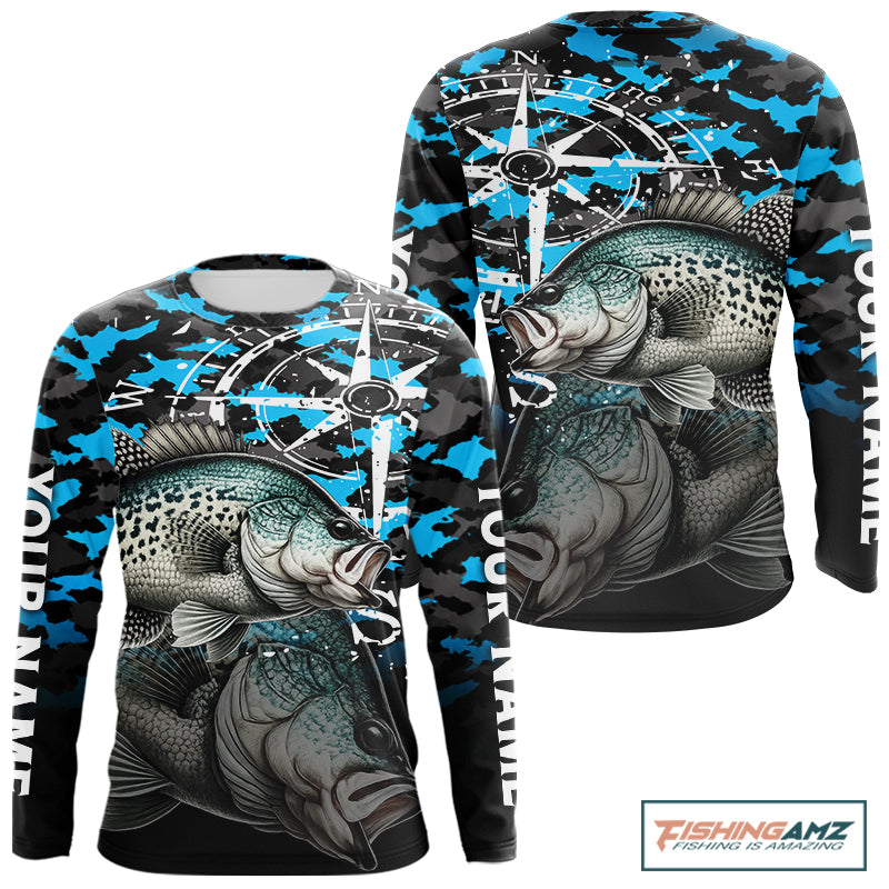 Crappie Fishing Shirt For Men, Blue Camo Compass Long Sleeve Fishing Jersey NHT1764