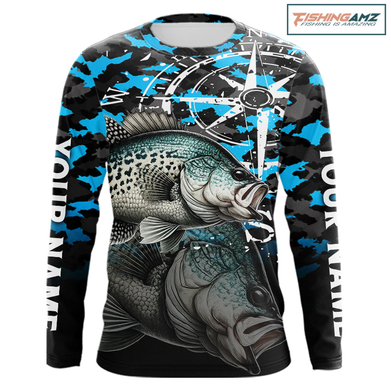Crappie Fishing Shirt For Men, Blue Camo Compass Long Sleeve Fishing Jersey NHT1764