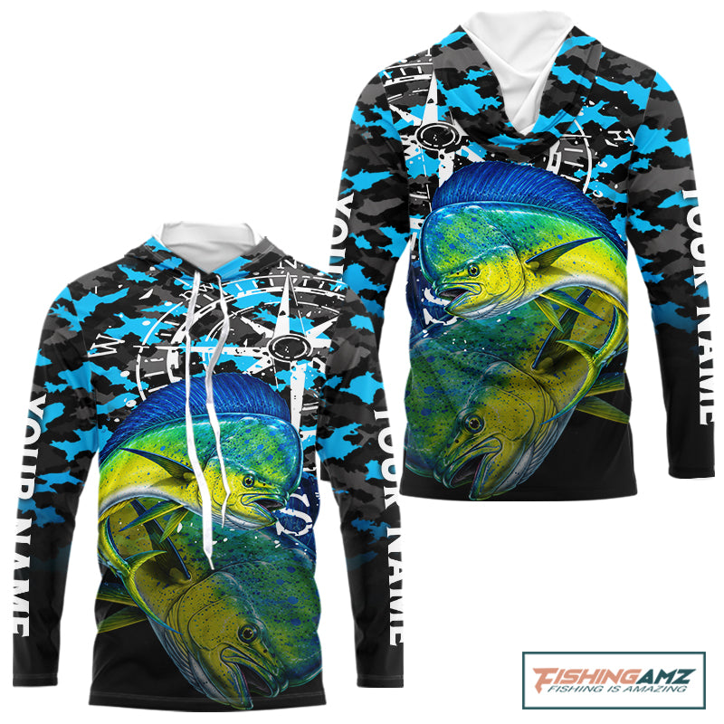 Mahi Mahi Hooded Fishing Shirt For Men, Blue Camo Compass Long Sleeve Fishing Jersey NHT1765