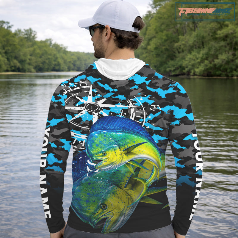 Mahi Mahi Hooded Fishing Shirt For Men, Blue Camo Compass Long Sleeve Fishing Jersey NHT1765
