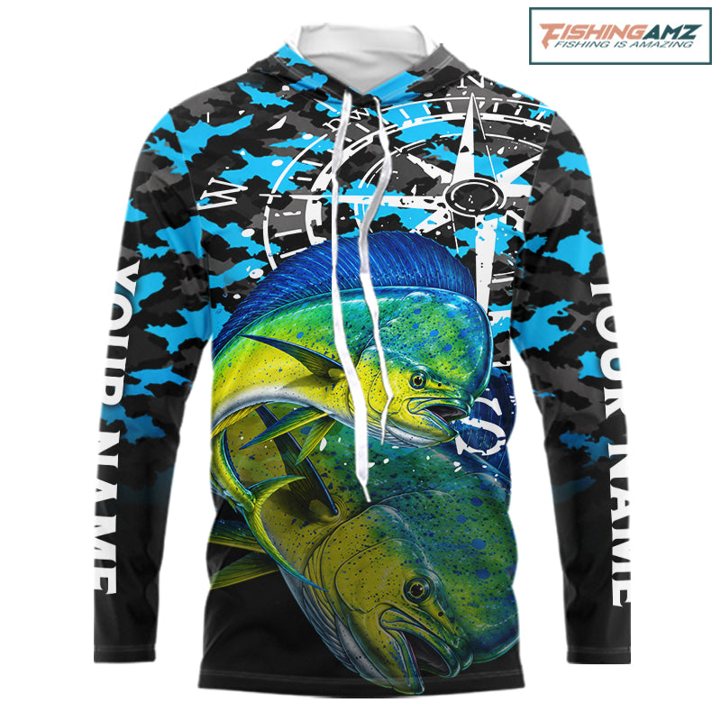 Mahi Mahi Hooded Fishing Shirt For Men, Blue Camo Compass Long Sleeve Fishing Jersey NHT1765