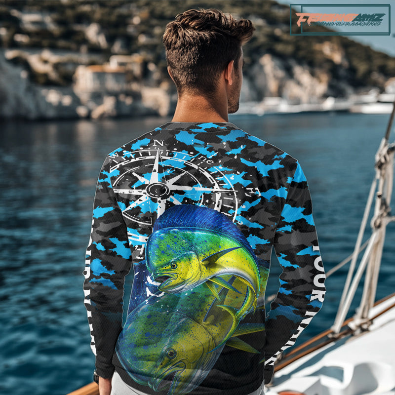Mahi Mahi Fishing Shirt For Men, Blue Camo Compass Long Sleeve Fishing Jersey NHT1765