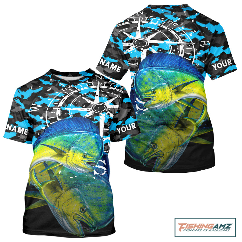 Mahi Mahi Fishing Shirt For Men, Blue Camo Compass Short Sleeve Fishing Jersey NHT1765