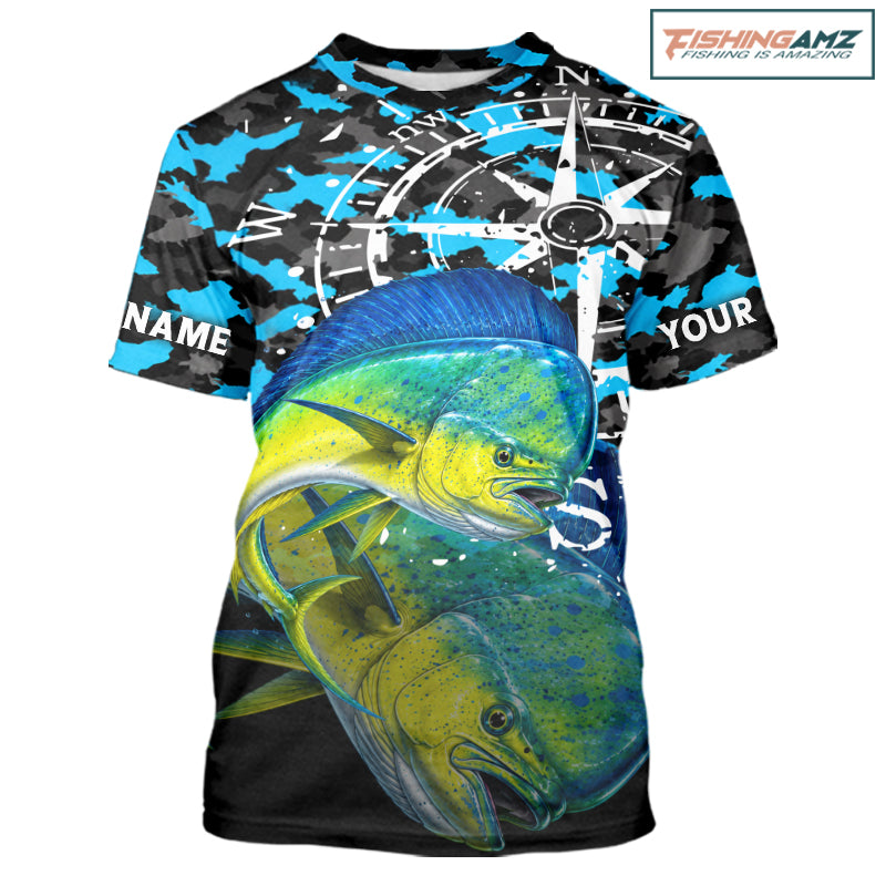 Mahi Mahi Fishing Shirt For Men, Blue Camo Compass Short Sleeve Fishing Jersey NHT1765