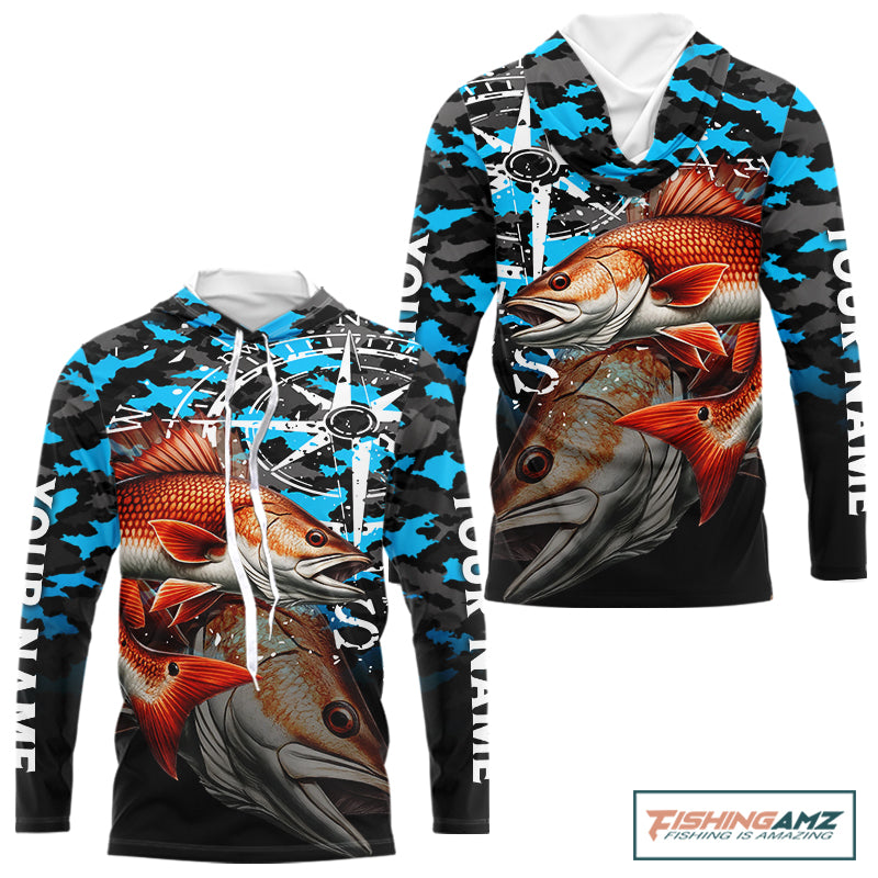 Redfish( Red Drum) Hooded Fishing Shirt For Men, Blue Camo Compass Long Sleeve Fishing Jersey NHT1766