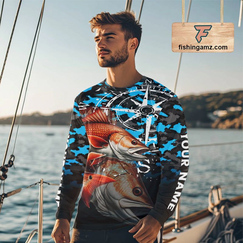 Redfish( Red Drum) Fishing Shirt For Men, Blue Camo Compass Long Sleeve Fishing Jersey NHT1766